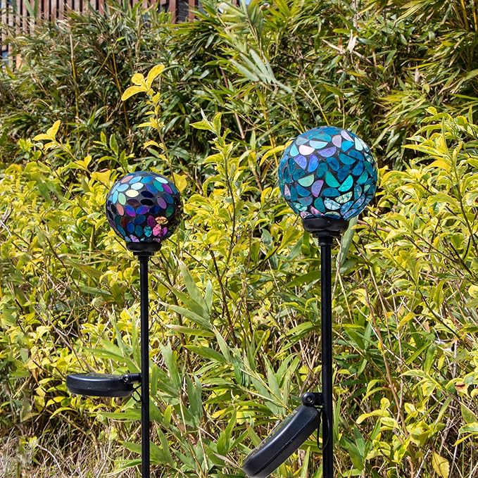 VCUTEKA Solar Garden Decorative Lights Outdoor, Mosaic Solar Light Waterproof LED Pathway Stake Light for Landscape Patio Yard Deck Walkway Decoration, 2 Pack （Blue&Purple）
