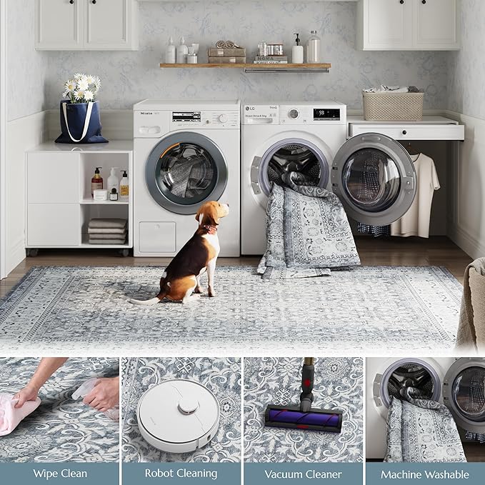 jinchan Hallway Runner Rug 2x10 - Machine Washable Grey Vintage Floral Distressed Design Soft Non-Slip Low-Pile Ultra-Thin Runner Rug for Kitchen Laundry Room Bedroom Farmhouse (2‘x10',Grey)