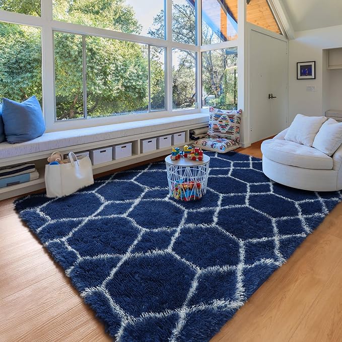 ONASAR Area Rugs for Bedroom Living Room, Washable 4x6 Fluffy Navy Blue and White Throw Rug for Home Decor, Geometric Soft Shaggy Plush Floor Carpet for Kids Girls Boys Teen Nursery Dorm Office