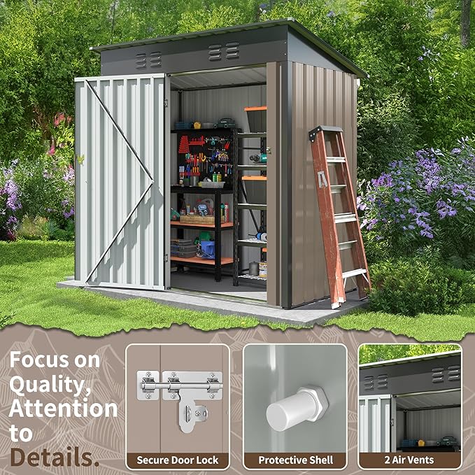 WKM 5x3 FT Outdoor Storage Shed, Utility Metal Tool Storage with Lockable Doors and Updated Frame Structure, Large Metal Garden Shed for Backyard, Patio Lawn,Brown