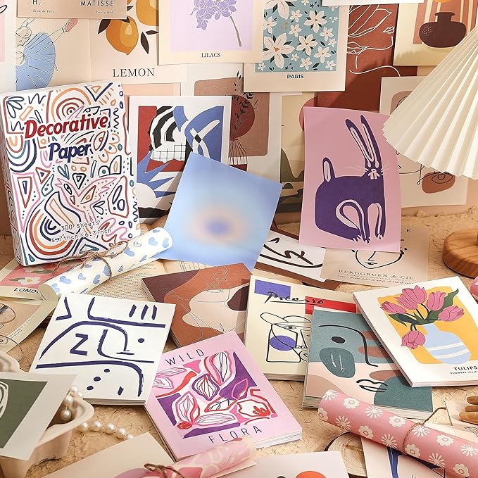 emmoolife 300 Sheets Aesthetic Scrapbook Paper, Retro Boho Pastel Wall Collage Scrapbooking Supplies Craft Decorative Papers Abstract Art Hippie Pattern Room Fashion Decor Paper for Card Making Gift