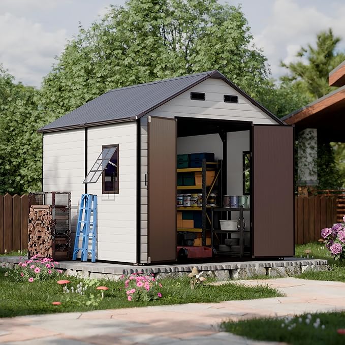 Plastic Shed 8x8 Outdoor Storage Resin Sheds, 2 Lockable Awning Windows, Reinforced Steel Frame, Heavy-Duty Resin Garden Shed for Backyard, Patio, Tool & Bike Storage