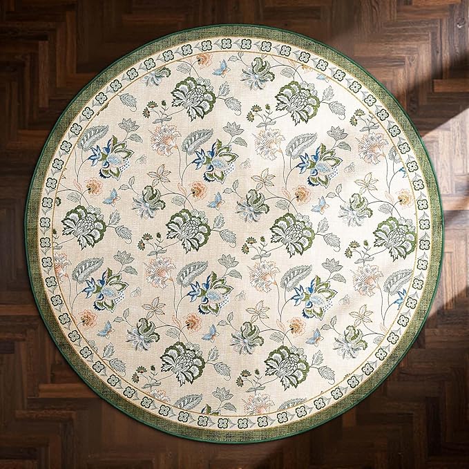 jinchan 5ft Floral Round Rug for Entryway Washable Kitchen Rug Vintage Romance Design Non Slip Indoor Doormat Lightweight Low-Profile Throw Carpet for Living Room Dining Room Bedroom, Green/Beige
