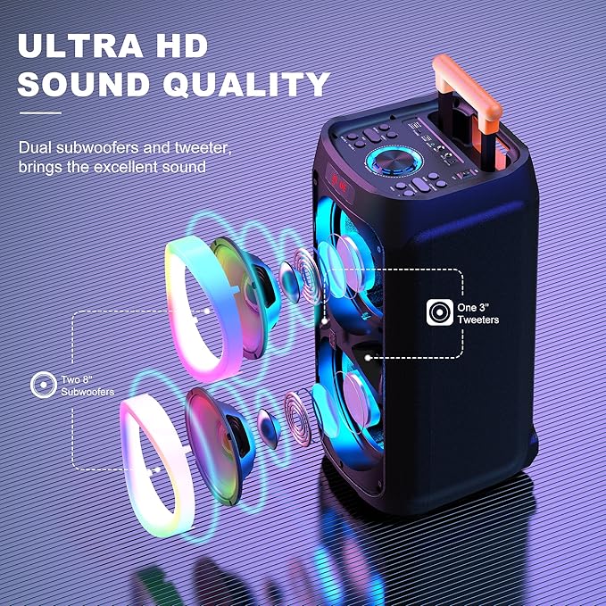 JYX Karaoke Machine with 2 Wireless Microphones for Adults, 8" Big Bluetooth Party Speaker with 500W Peak Power, PA System with LED Disco Light, Rolling Wheels and Trolley, Perfect for Outdoor Home