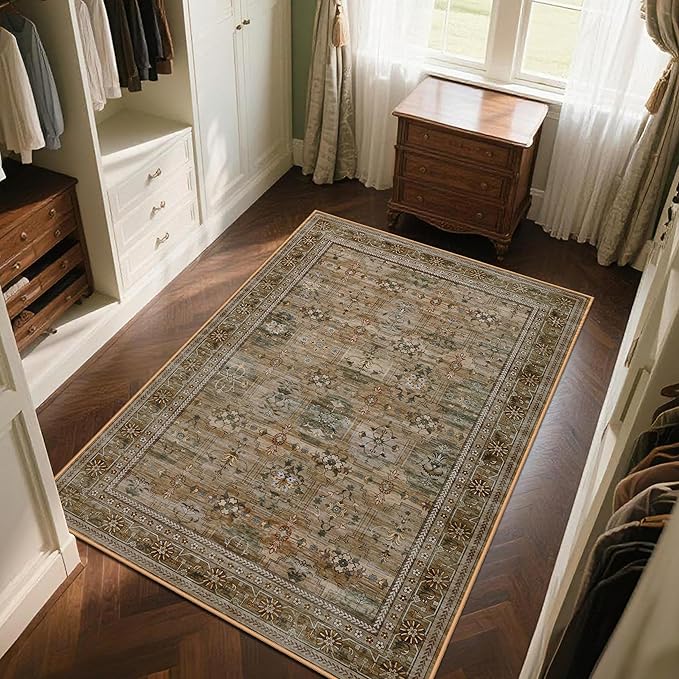 5x7 Washable Area Rug for Living Room Dining Room, Distressed Non Slip Vintage Floral Rugs for Bedroom, Traditional Indoor Floor Carpet for Dining Kitchen Farmhouse Olive/Charcoal