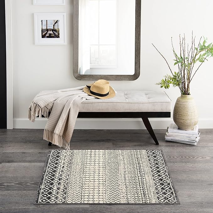 Moroccan Area Rug, 2x3 Black Distressed Entryway Rug Non-Slip Small Rug, Soft Low-Pile Washable Indoor Door Mat Floor Carpet for Entrance Bedroom Kitchen Bathroom
