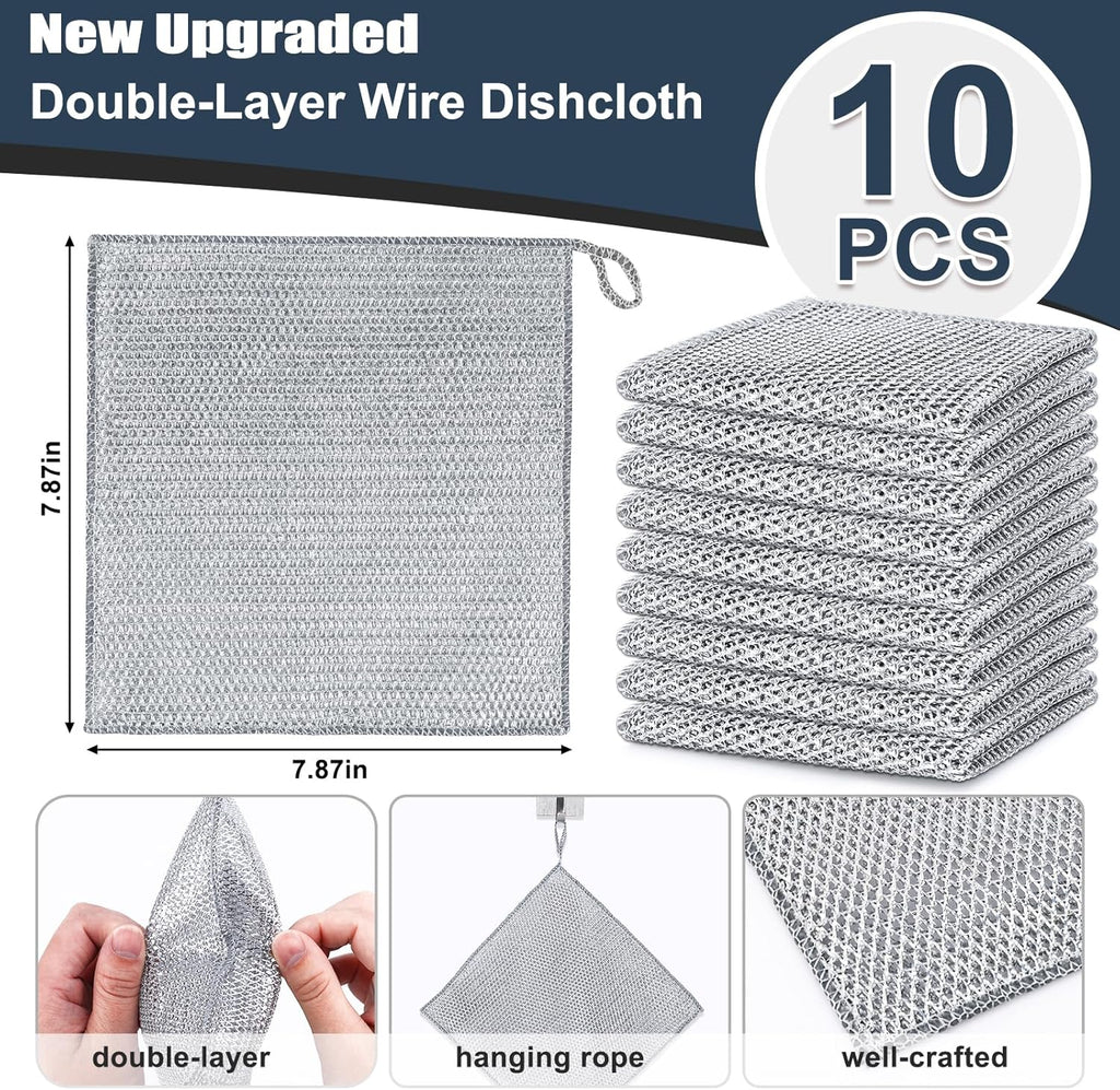 Navona 10 Pcs New Upgrade Steel Wire Dishcloth,Double-Layer Steel Wire Cleaning Cloth,Powerful Cleaning Non-Scratch Wire Dishcloth Rag for Cookware, Sinks, Dishes, Stove Tops