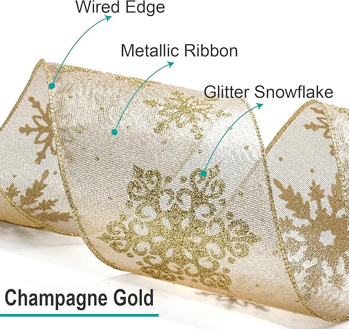 CT CRAFT LLC Champagne Gold Metallic Fabric with Gold Snowflake Wired Ribbon 2.5 Inch x 10 Yards for Christmas Home Decor Tree Topper Bow Gift Wrapping DIY Crafts Wreath Garland