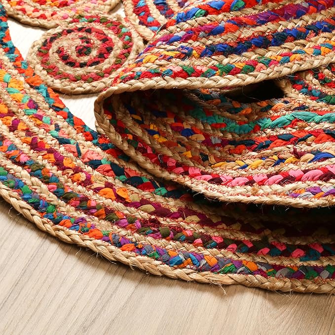 4' Round Handwoven Jute Chindi Area Rug - Colorful Boho Rugs for Living Room - Hand Braided Multicolor Bohemian Rug for Farmhouse, Bedroom, Dining Room, Classroom, Hallway, Kitchen, Office