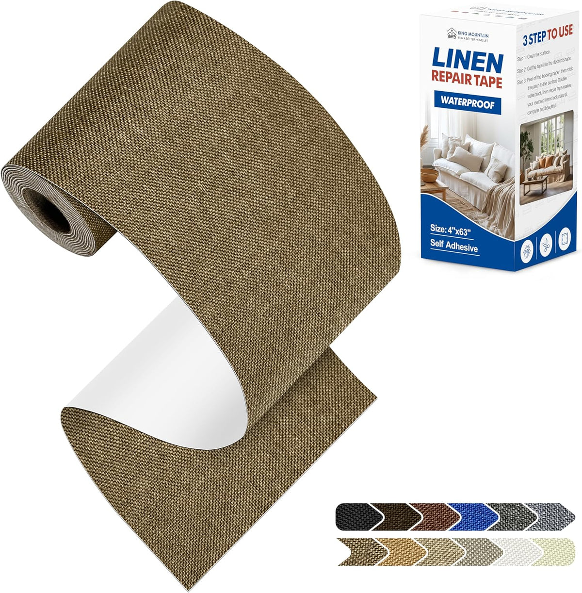 KING MOUNTAIN Linen Repair Patches, Self-Adhesive Fabric Patches, 4 X 63 inch Extra Size, Multi Color, Can be Used for Sofa Repair and Linen Clothes Repair (Brown)