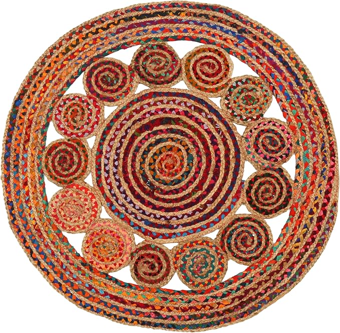 4' Round Handwoven Jute Chindi Area Rug - Colorful Boho Rugs for Living Room - Hand Braided Multicolor Bohemian Rug for Farmhouse, Bedroom, Dining Room, Classroom, Hallway, Kitchen, Office