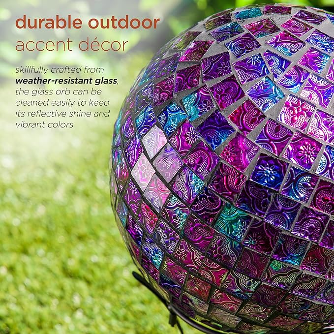 Alpine Corporation 10" Diameter Indoor/Outdoor Glass Mosaic Gazing Globe Yard Decoration, Purple Embossed Tile