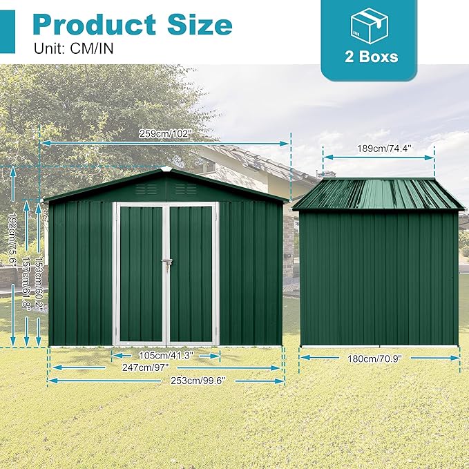 Storage Shed 8ft×6ft Classic Apex Roof Tool Shed Outdoor Storage Metal Garden Storage Sheds Tool Cabinet with Hinged Door Syste for Backyard, Patio, Poolside, Green