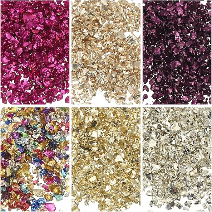 uxcell 6 Colors Crushed Glass Chips, 1-3mm Irregular Glitter Metallic Glass Broken Glasses Pieces with Laser Bag for Craft DIY Vase Epoxy Halloween Decoration 33g, Multicolored