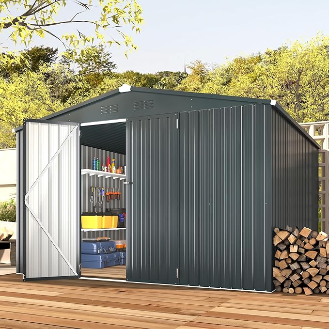 AECOJOY Shed 10'x10' Storage Shed, Large Metal Storage Sheds & Outdoor Clearance, Steel Backyard Shed with Lockable Doors, Utility and Tool Storage for Garden, Patio, Outside Use in Dark Grey