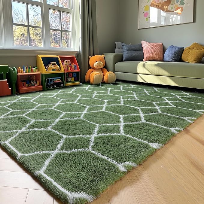 ONASAR Area Rugs for Bedroom Living Room, Washable 4x6 Fluffy Olive Green and White Throw Rug, Shaggy Geometric Floor Mat for Home Decor Aesthetic, Soft Plush Fuzzy Carpet for Nursery Kids Teen Dorm