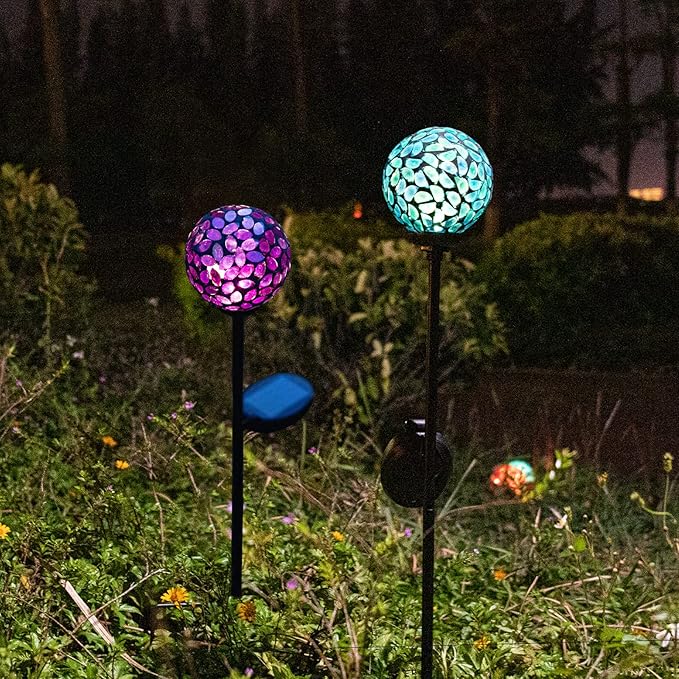 VCUTEKA Solar Garden Decorative Lights Outdoor, Mosaic Solar Light Waterproof LED Pathway Stake Light for Landscape Patio Yard Deck Walkway Decoration, 2 Pack （Blue&Purple）