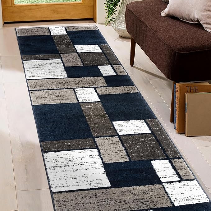 Rugshop Contemporary Modern Boxes Runner Rug 2' x 7'2"Navy