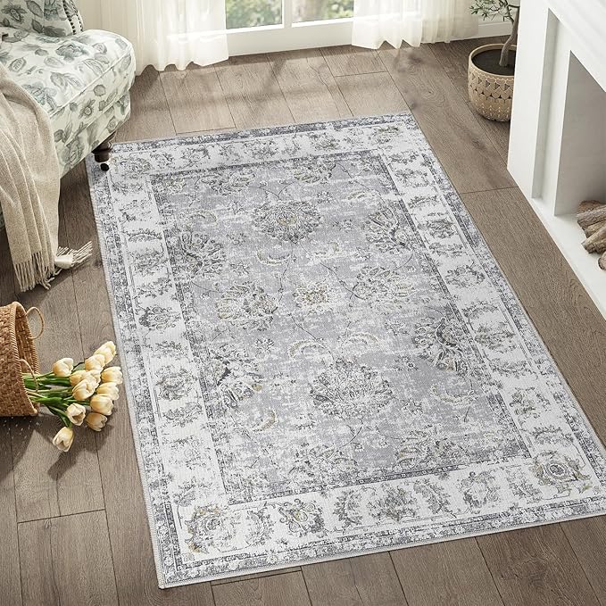 jinchan Floral 3x5 Area Rugs for Entryway - Machine Washable Taupe Vintage Distressed Design Doormat Non-Slip Ultra-Thin Low Pile Boho Rug for Kitchen Living Room Bedroom Farmhouse (3‘x5',Grey)