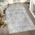 jinchan Floral 3x5 Area Rugs for Entryway - Machine Washable Taupe Vintage Distressed Design Doormat Non-Slip Ultra-Thin Low Pile Boho Rug for Kitchen Living Room Bedroom Farmhouse (3‘x5',Grey)
