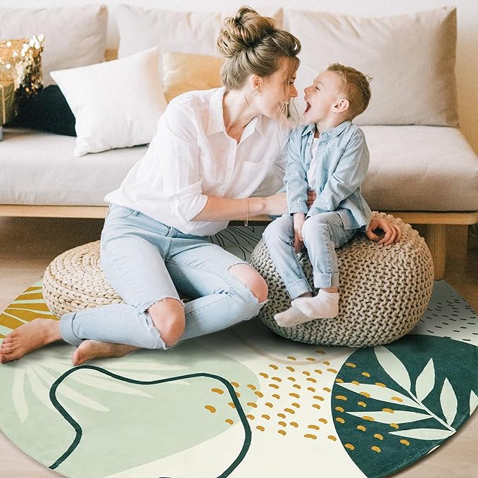 Lahome Green Washable Round Rug - 7Ft Round Area Rug for Living Room Throw Soft Boho Round Rug Large Non-Slip Round Dining Room Rug, Botanical Print Floor Round Carpet for Bedroom Office (Pink,7'x7')