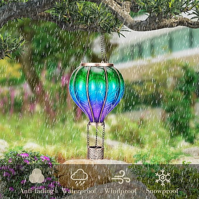 TERESA'S COLLECTIONS 2 Pack Hanging Solar Lantern Outdoor Garden Decor for Valentine ,Waterproof Plastic Hot Air Balloon Green Flickering Flame Effect Lantern for Yard Tree ,18"