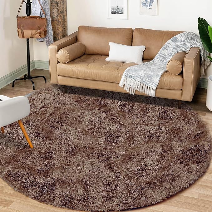 4FT Round Rug for Bedroom: Fluffy Shag Soft Washable Rugs Circle Small Fuzzy Plush Indoor Carpet for Living Room Nursery Playroom Dorm Kids Girls Boys Room (Coffee, 4'x4')