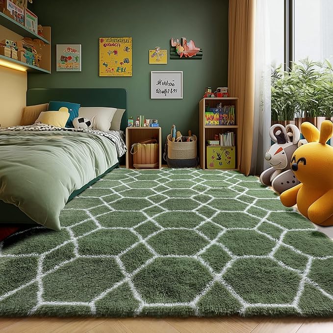 ONASAR Area Rugs for Bedroom Living Room, Washable 4x6 Fluffy Olive Green and White Throw Rug, Shaggy Geometric Floor Mat for Home Decor Aesthetic, Soft Plush Fuzzy Carpet for Nursery Kids Teen Dorm
