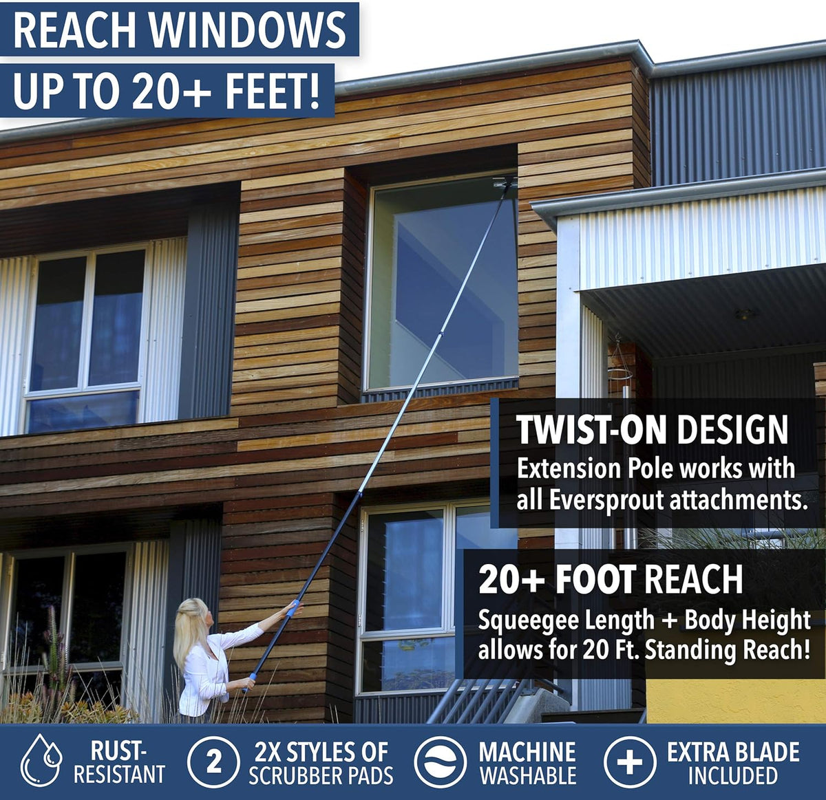 EVERSPROUT 5-to-12 Foot Swivel Squeegee & Microfiber Glass Window Scrubber, Window Squeegee & Window Cleaning Kit, Light-Weight Window Washing Kit with Extension Pole, Squeegee for Window Cleaning