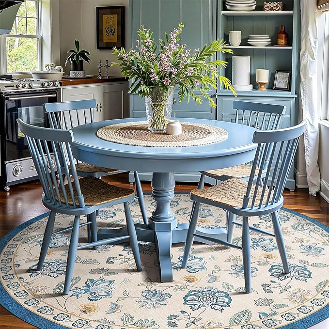 jinchan 8ft Floral Round Rug for Dining Room Washable Living Room Rug Vintage Romance Design Non Slip Indoor Floor Cover Lightweight Low-Profile Throw Carpet for Bedroom Porch Patio, Blue/Beige