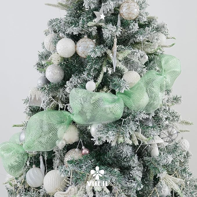 MEEDEE Sage Green Deco Mesh 10 Inch Rolls Deluxe Wide Foil Metallic Mesh Fabric Light Green Mesh Ribbon for Christmas Tree, Wreaths, Garland, Gift Wrapping, Bows Making (30 Feet)