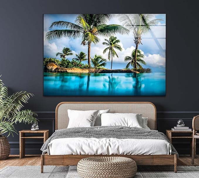 My Photostation.com 30Wx24H'' Island & Blue Sea Glass Wall ArtTempered Glass Printing Wall Decor Large Wall Art Wall Hangings