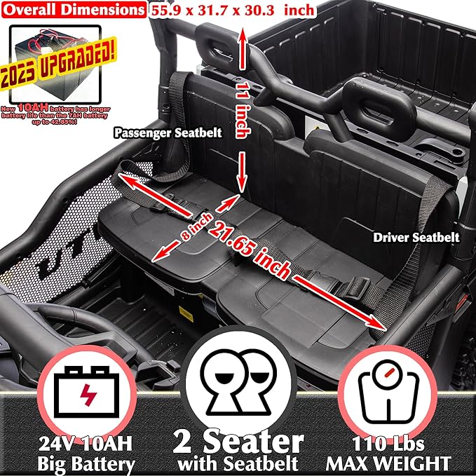 sopbost 24V 10Ah 2 Seater Ride On Car with Remote Control Battery Powered Ride On Toy Electric Kids UTV with Large Dump Bed, 4x75W Motors, White & Black