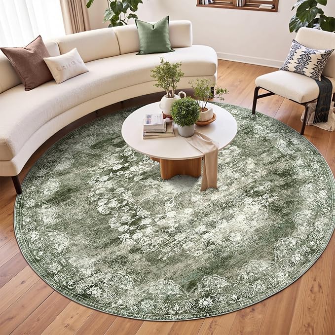 jinchan Round Rug 8ft Area Rug - Green Vintage Floor Mat Kitchen Indoor - Washable Circle 8' Thin Floral Print Carpet Retro Farmhouse Non Slip Dining Room Living Room Bedroom Office