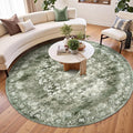jinchan Round Rug 8ft Area Rug - Green Vintage Floor Mat Kitchen Indoor - Washable Circle 8' Thin Floral Print Carpet Retro Farmhouse Non Slip Dining Room Living Room Bedroom Office