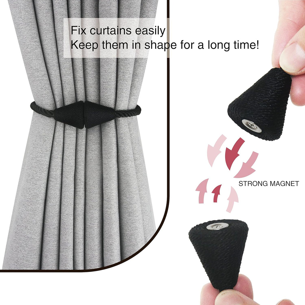 4 Pack Magnetic Curtain Tiebacks Rope Modern Handmade Curtain Tie Backs Decorative Drapes Weave Holdbacks for Window Décor, Black