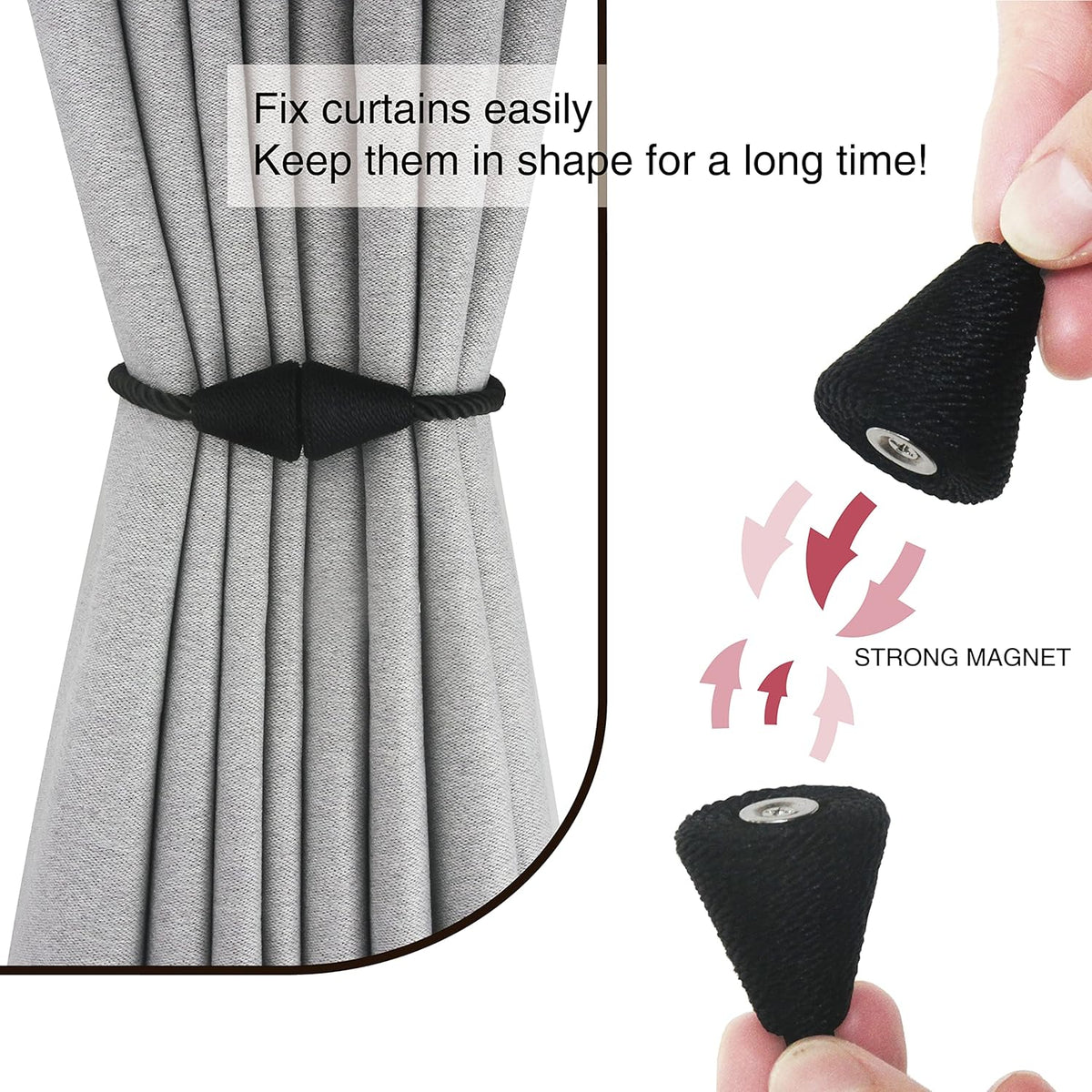 4 Pack Magnetic Curtain Tiebacks Rope Modern Handmade Curtain Tie Backs Decorative Drapes Weave Holdbacks for Window Décor, Black