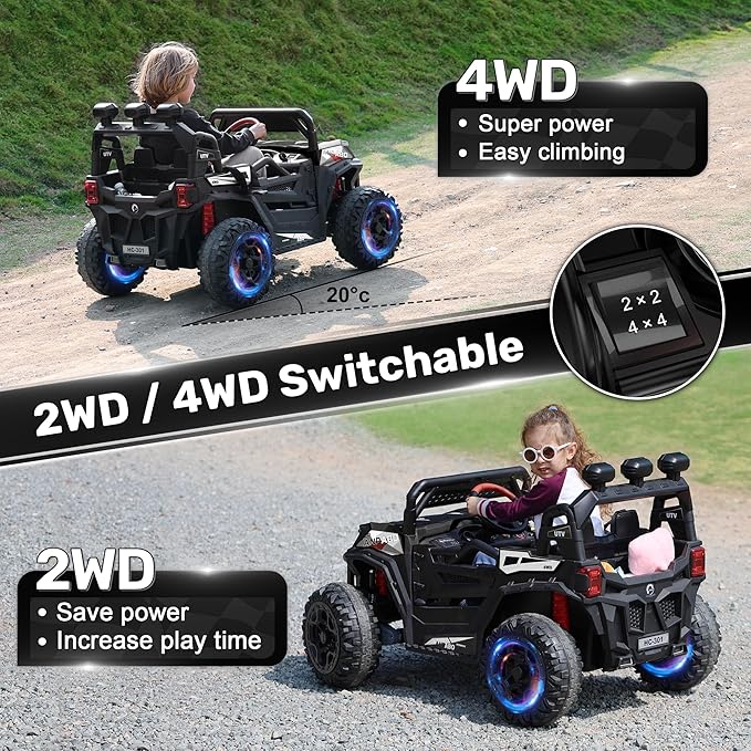 ANPABO 24V 4X4 Ride on Car Truck w/Remote Control, 4WD/2WD Switchable Kids UTV, 19" Spacious Seat, 4 Shock Absorbers, Soft Start, Music Player, Electric Car for Kids Ages 3+(Black