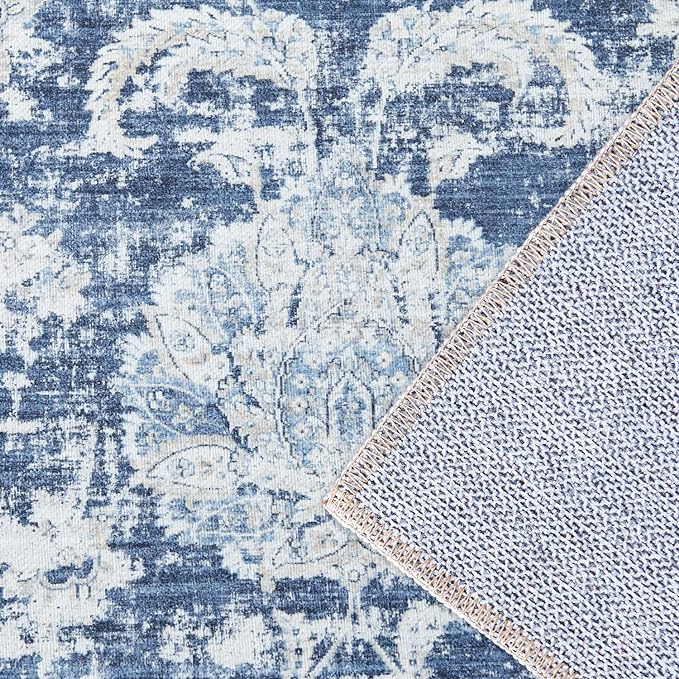 jinchan Hallway Runner Rug 3x10 Machine Washable Runner Rug Dark Blue Vintage Floral Design Non-Slip Low Pile Ultra-Thin for Kitchen Laundry Room Bedroom Farmhouse (3‘x10',Dark Blue)