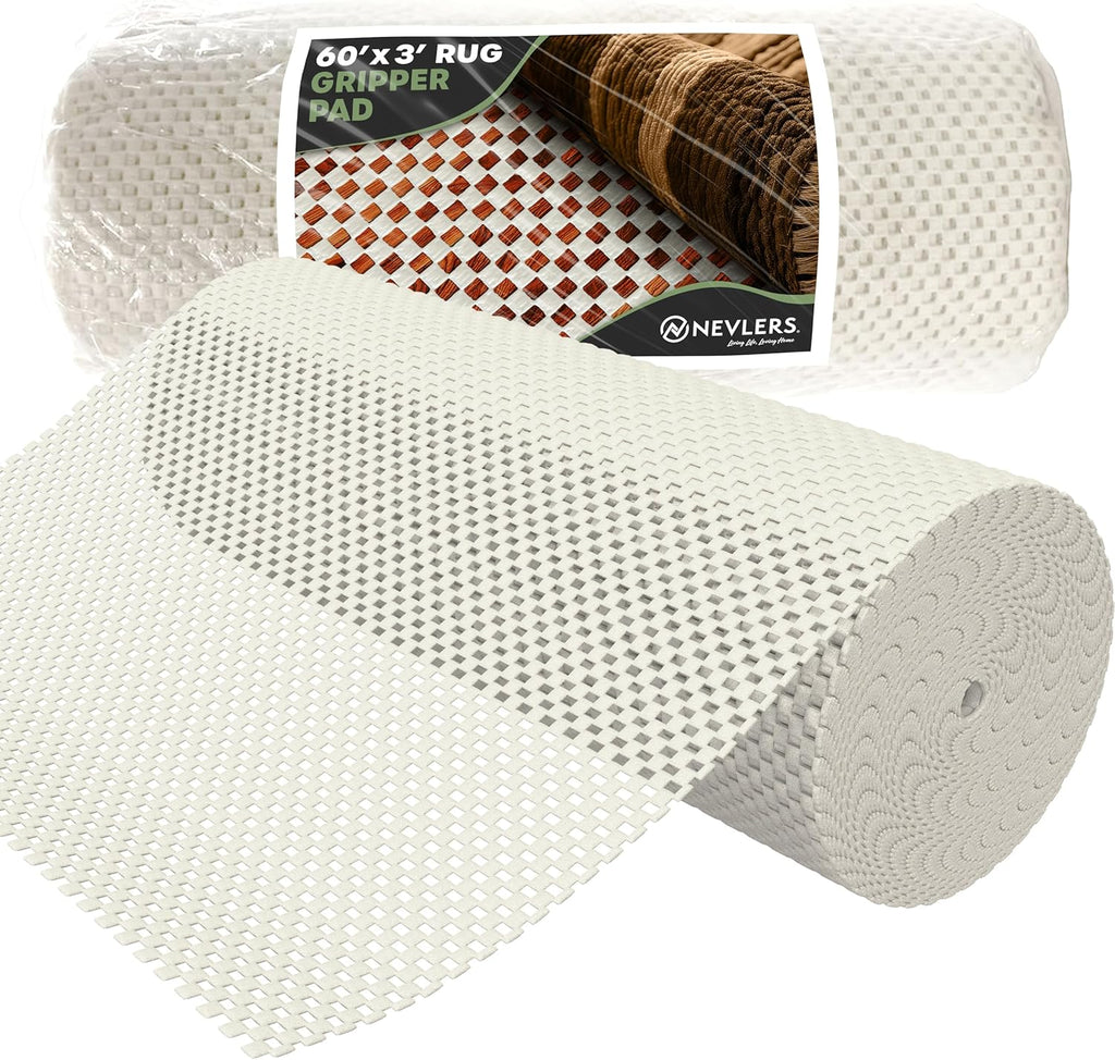 Nevlers 3x60 Ft. White Nonslip Rug Gripper Roll for Hallway Rugs & Runners| No Slip Rug Grip Rug Pad for Hard Surface Floors|Open-Weave PVC Under Rug Non Slip Pad | Carpet Grippers for Hardwood Floors