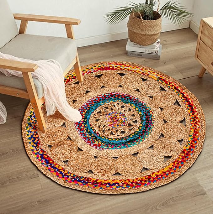 3' Round Handwoven Jute Chindi Area Rug - Colorful Boho Rugs for Living Room - Hand Braided Multicolor Bohemian Rug for Farmhouse, Bedroom, Dining Room, Classroom, Hallway, Kitchen, Office