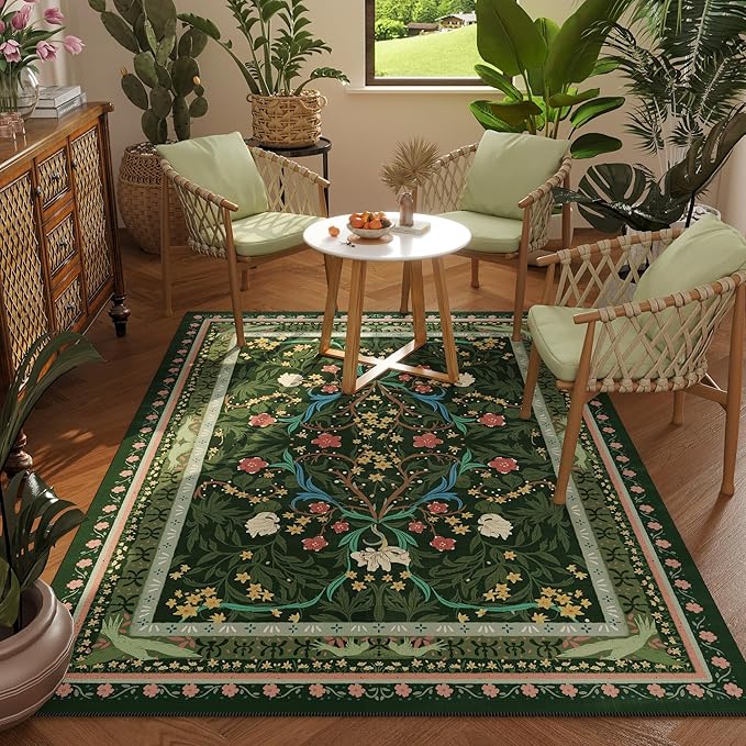Area Rug 4x6 Rug Washable Vintage Floral Botanical Rugs Non Slip Low Pile Small Carpet for Bedroom, Bedside, Kids Room, Office, Dining Room, Green