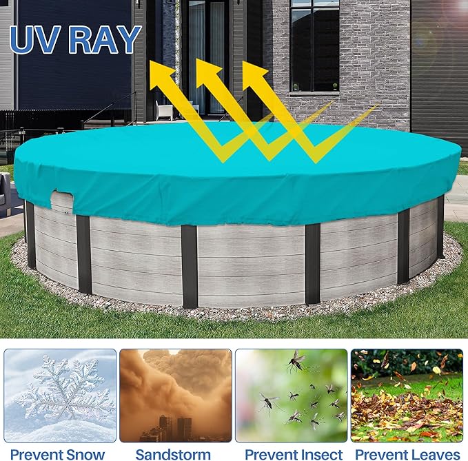 ECOOPTS 18 ft Waterproof Round Polyester Pool Cover for Above Ground Pools, Swimming Pool Cover Protector Winter Safety Cover (Turquoise)