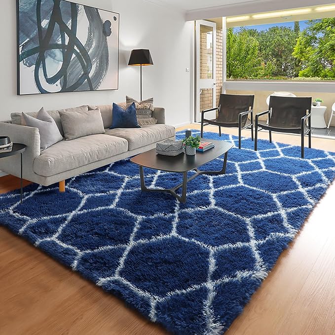 ONASAR Area Rugs for Bedroom Living Room, Washable 4x6 Fluffy Navy Blue and White Throw Rug for Home Decor, Geometric Soft Shaggy Plush Floor Carpet for Kids Girls Boys Teen Nursery Dorm Office