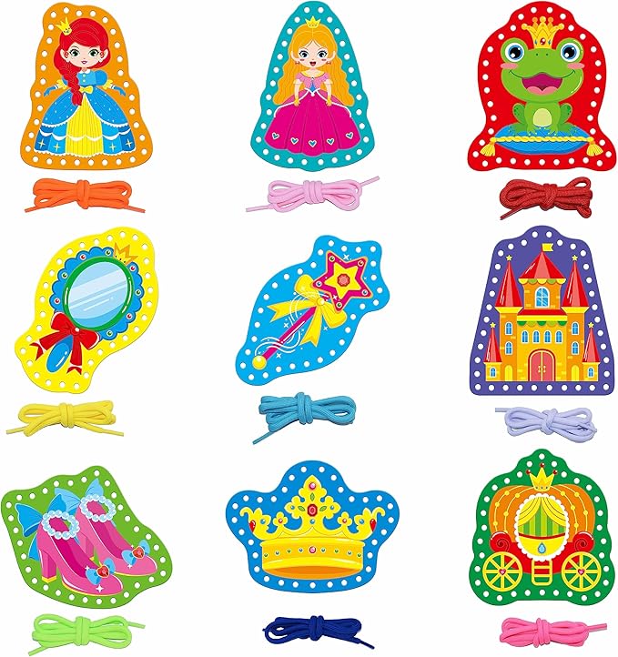 9 Pieces Kids Lacing Cards, Double Sided Sewing Cards in 9 Princess Theme Cards with 9 Colorful Laces, Imagination Development Lacing Toys Games for Children Educational and Learning Activity