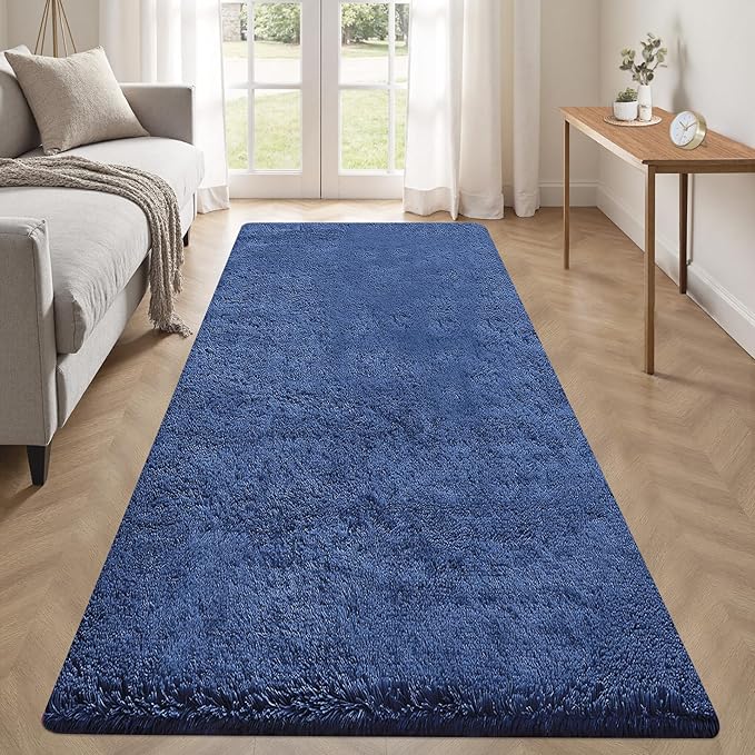 2x6 Runner Rug for Bedroom: Fluffy Shag Soft Washable Rugs Small Fuzzy Plush Indoor Carpet for Hallway Bedside Dorm Kids Girls Boys Room (Navy Blue, 2'x6')