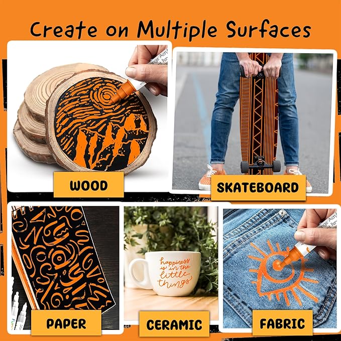 4 Dual Tip Orange Paint Pen Metallic - Fine Tip & Medium Acrylic Paint Markers - Orange Marker for Metal, Wood, Rock Painting, Canvas, Ceramic, Glass, Fabric, Leaf and Plastic - Water-based Ink