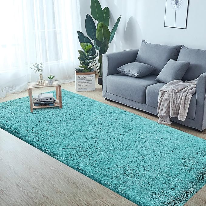 2x6 Runner Rug for Bedroom: Fluffy Shag Soft Washable Rugs Small Fuzzy Plush Indoor Carpet for Hallway Bedside Dorm Kids Girls Boys Room (Teal Blue, 2'x6')