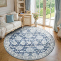 jinchan Round Rug 8ft Area Rug - Dark Blue Vintage Floor Mat Kitchen Indoor Ultra-Thin Soft Floral Print - Washable Circle 8' Retro Accent for Farmhouse Non Slip Dining Room Living Room Bedroom Office