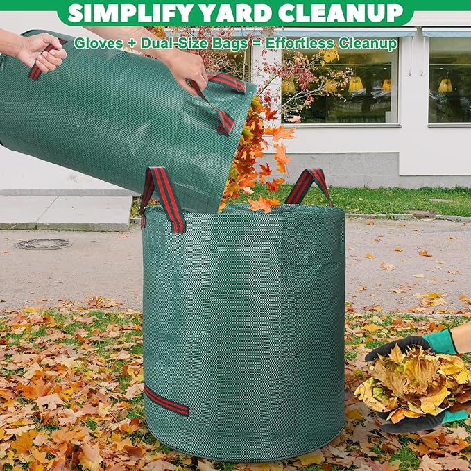 Reusable Yard Waste & Lawn and Leaf Bags with Gloves Pack - 72 & 32 Gallon Heavy Duty Lawn Trash Bags, Multi-Purpose: Garden Debris, Leaf Collection & Tool Storage, Collapsible for Easy Storage